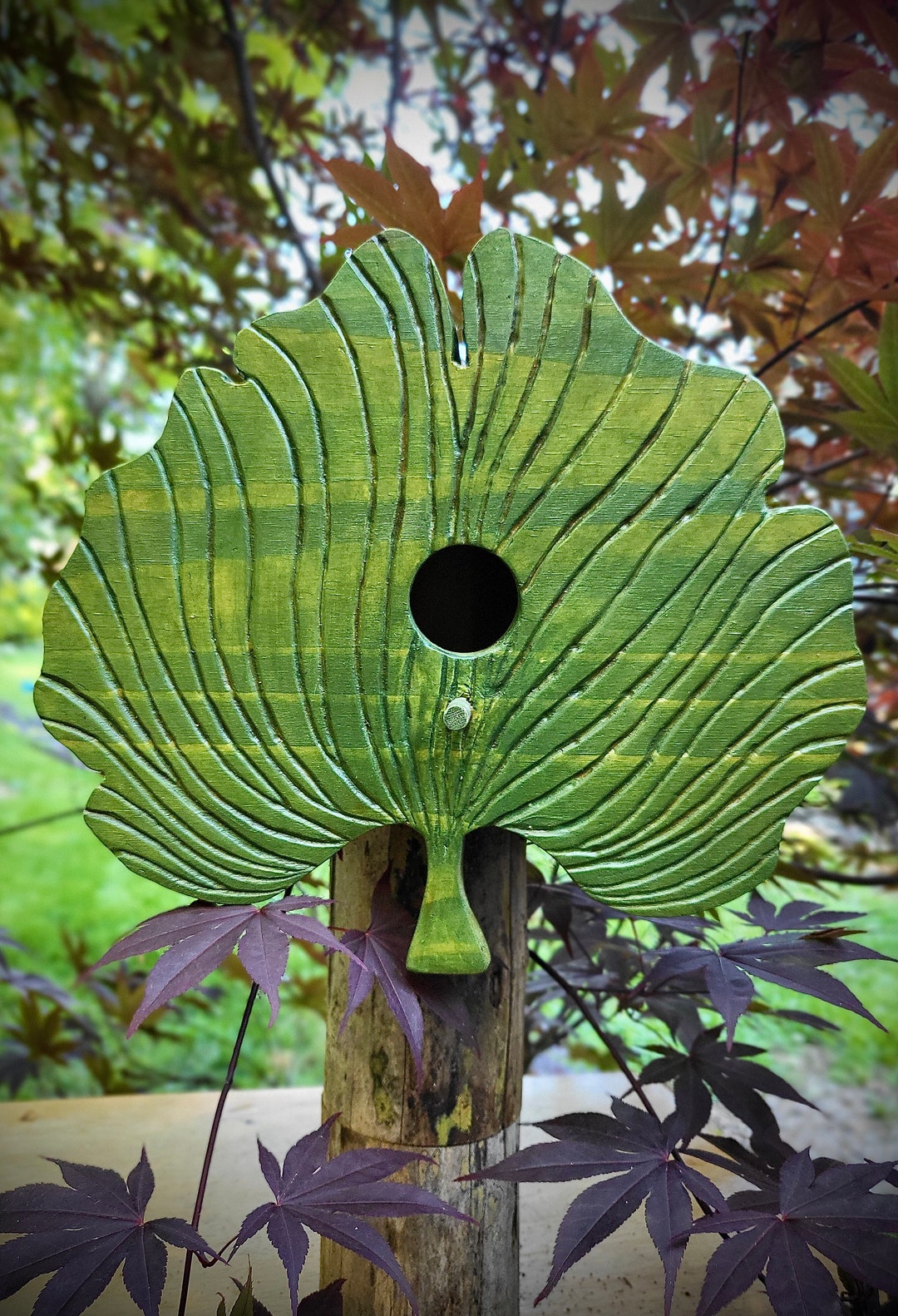 Image showcasing Green Ginkgo Leaf Birdhouse - Unusual Unique Handmade Wood Bird House ...