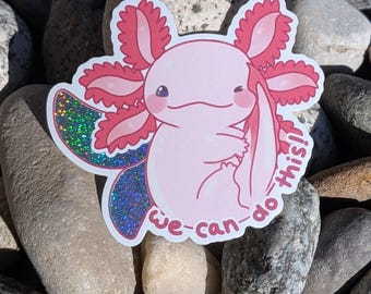 May include: A pink axolotl sticker with red gills and a glittery blue wing. The sticker has the text "we can do this!" in a handwritten font. The sticker is placed on a bed of smooth, grey river rocks.
