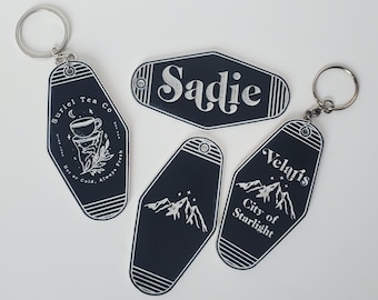 Motel keychain - vintage retro name keychain - custom saying - black and white engraved acrylic - acotar inspired