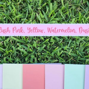 Puede incluir: Una colecci&oacute;n de 10 muestras de pintura en varios colores pastel, incluyendo melocot&oacute;n, aciano, menta, rosa rubor, amarillo, sand&iacute;a, rosa polvoriento, pistacho y morado pastel. Las muestras est&aacute;n dispuestas en una fila sobre una superficie de hierba verde.