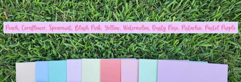 Puede incluir: Una colecci&oacute;n de 10 muestras de pintura en varios colores pastel, incluyendo melocot&oacute;n, aciano, menta, rosa rubor, amarillo, sand&iacute;a, rosa polvoriento, pistacho y morado pastel. Las muestras est&aacute;n dispuestas en una fila sobre una superficie de hierba verde.