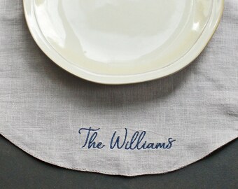 Linen Embroidered Double Layer Round Placemats. Natural stonewashed linen placemat. Minimalist placemats.