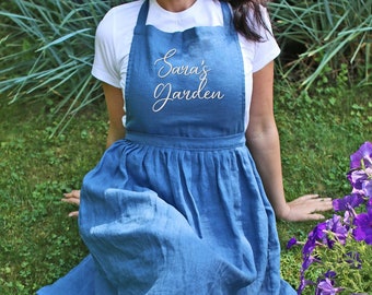 Linen Embroidered Apron ,Vintage Linen Ruffle Apron, Kitchen Apron, Cooking Apron, Gift Hostess