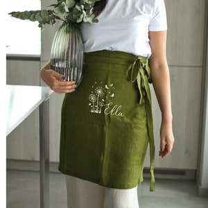 Linen Embroidered Half Apron , Stonewashed Linen Apron, Kitchen Apron, Cooking Apron, Man Woman Apron, Gift Hostess