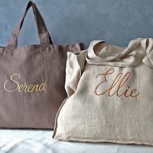 Leinen bestickte Einkaufstasche, stonewashed Leinentasche, Einkaufstasche, Strandtasche, personalisierte Einkaufstasche