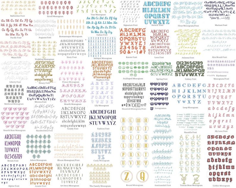 May include: A chart displaying various fonts and monograms, featuring a range of styles and colours. The chart includes both upper and lower case letters, as well as numbers and symbols.