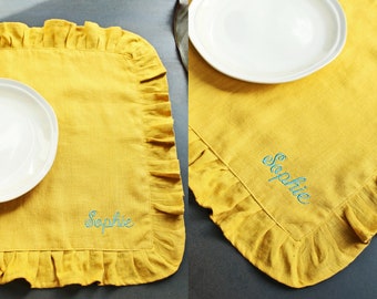 Linen Double Embroidered Monogram ruffle placemats. Natural stonewashed linen placemat. Ruffle placemat