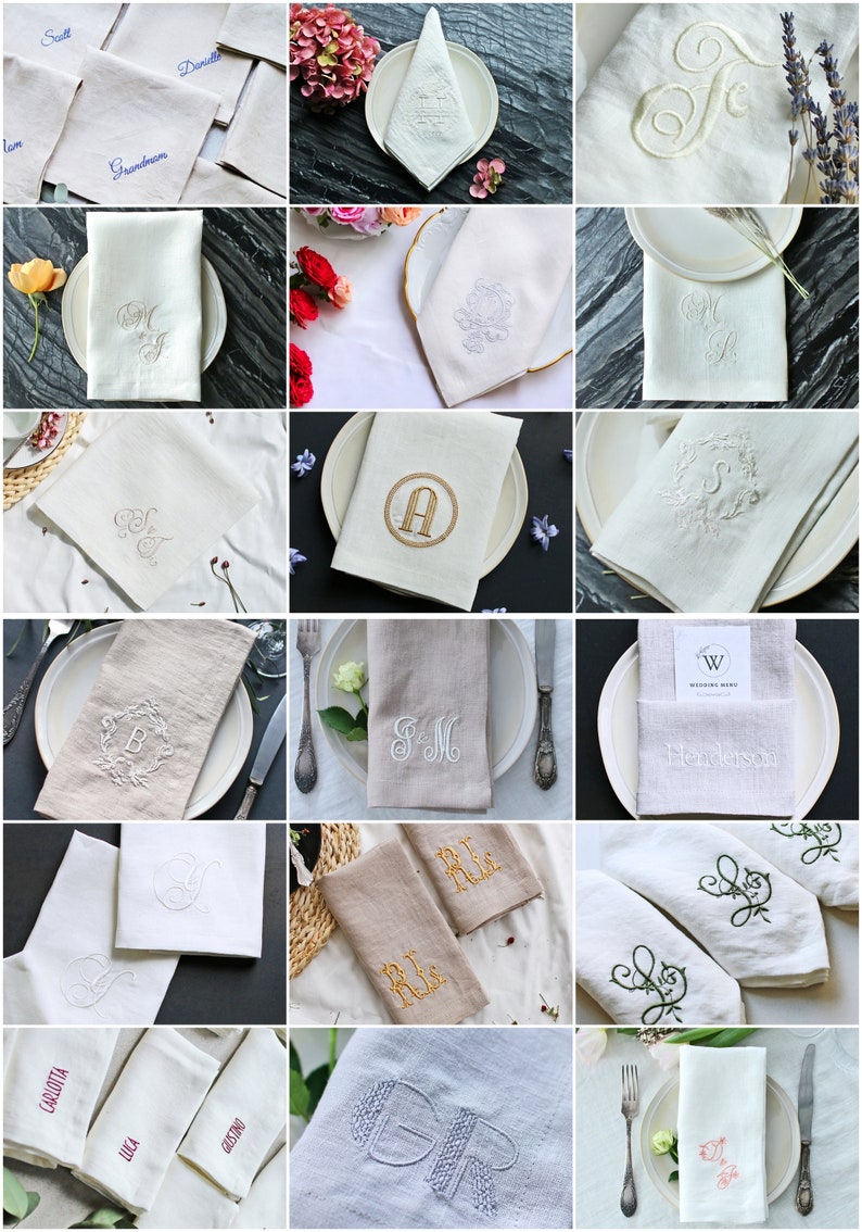 May include: A collection of white linen napkins featuring a variety of embroidered designs, including initials, monograms, and floral patterns. The napkins are displayed on a table with plates and cutlery.