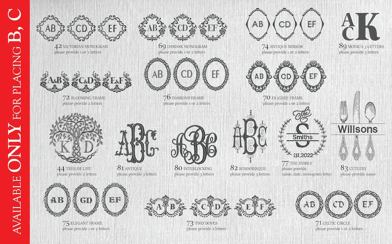 May include: A chart featuring 11 monogram designs, each with a unique style. The designs are labelled with numbers and names, such as "Victorian Monogram", "Damask Monogram", and "Antique Mirror". Instructions are provided for personalising each design with 1 or 2 letters.