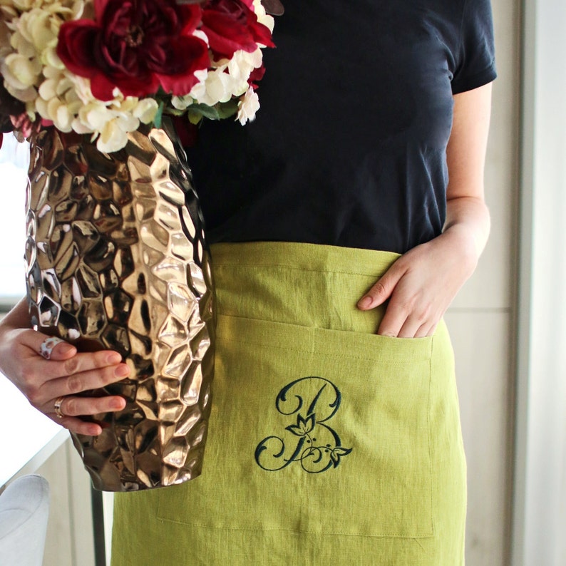 Linen Embroidered Half Apron , Stonewashed Linen Apron, Kitchen Apron, Cooking Apron, Man Woman Apron, Gift Hostess image 9