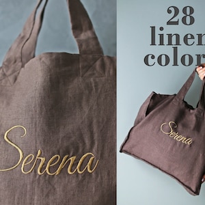 Leinen bestickte Einkaufstasche, stonewashed Leinentasche, Einkaufstasche, Strandtasche, personalisierte Einkaufstasche