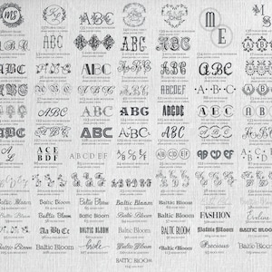 May include: A chart of different monogram designs with names and numbers. The chart is on a grey background with a white grid pattern.