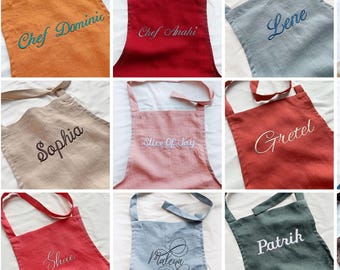 Linen Embroidered Apron, Personalized Apron, Garden Apron, Kitchen Apron, Cooking Apron, Artist Apron, Gift Hostess, Tie knot Apron