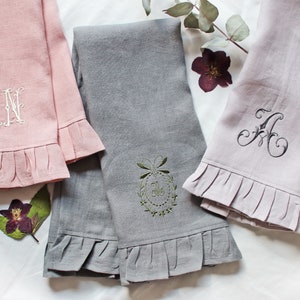 Linen Embroidery Ruffle Tea Towel, Natural linen Dishcloths, Linen kitchen towel, Linen kitchen gift towel, Eco Tea towel Gift image 3