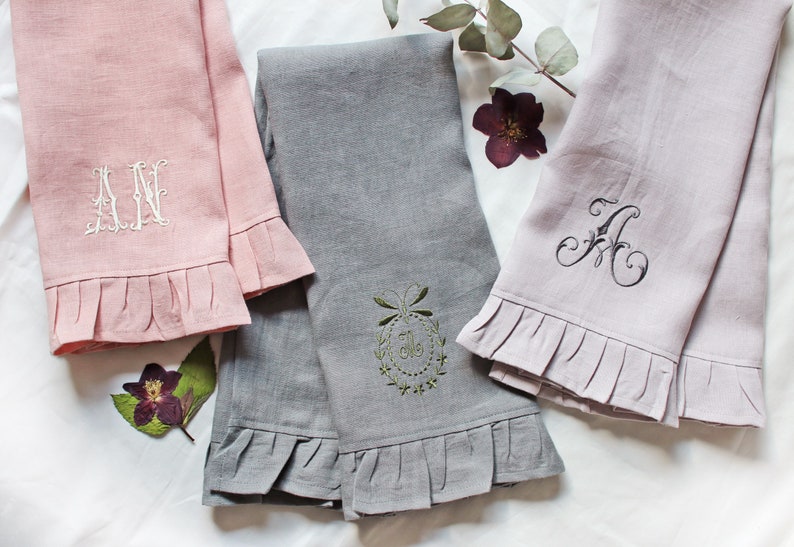 Linen Embroidery Ruffle Tea Towel, Natural linen Dishcloths, Linen kitchen towel, Linen kitchen gift towel, Eco Tea towel Gift image 3