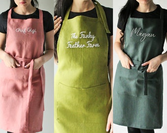 Linen Embroidered Apron , Stonewashed Linen Apron, Kitchen Apron, Cooking Apron, Man Woman Apron, Kid Apron , Gift Hostess