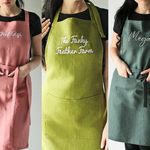 Linen Embroidered Apron , Stonewashed Linen Apron, Kitchen Apron, Cooking Apron, Man Woman Apron, Kid Apron , Gift Hostess