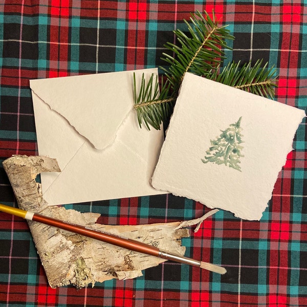 Simple Christmas Tree - Watercolor holiday- Handmade recycled paper - Deckle edging  w/ matching envelope - Wall art