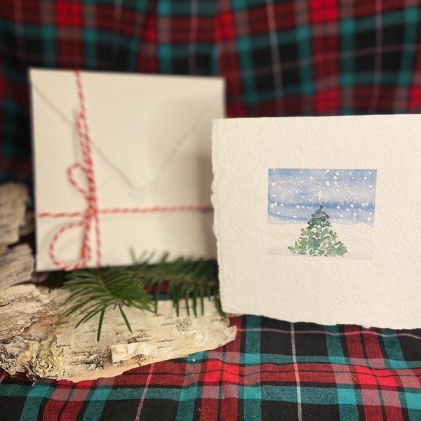 Christmas Tree with Star - Watercolor holiday- Handmade recycled paper - Deckle edging  w/ matching envelope - Wall art