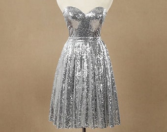 Silver Sweetheart Sequins Short Bridesmaid Dress, Simple Sequins Wedding/Prom/Evening Dress, Knee Length Bridesmaid Dresses