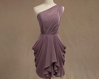 One Shoulder Short Knee Length Sheath Chiffon Bridesmaid Dress with Ruffles, Vintage Mauve Mini Wedding/Prom/Evening/Party Dress