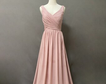 Straps Rose Pink Chiffon Bridesmaid Dress, A-line V Neck Long Chiffon Wedding/Prom/Evening Dress with Ruffles