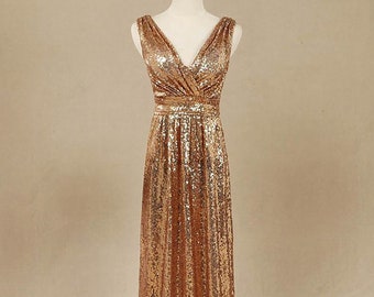 Gold V Neck N back Sequins  Bridesmaid Dress, Sequins Wedding/Prom/Evening Dress, Floor Length Bridesmaid Dresses