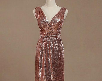 Rose Gold V Neck N Back Sequins Bridesmaid Dress, Sequins Wedding/Prom/Evening Dress, Knee Length Bridesmaid Dresses