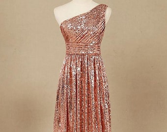 Rose Gold One Shoulder Sequins Short Bridesmaid Dress, Simple Sequins Wedding/Prom/Evening Dress, Knee Length Bridesmaid Dresses