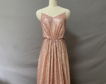 Rose Gold Sequins Bridesmaid Dress, Sequins Wedding/Prom/Evening Dress, Floor Length Bridesmaid Dresses
