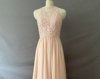 Blush Lace Match Chiffon Bridesmaid Dress, Wedding/Prom/Evening Dress, Floor Length Bridesmaid Dresses