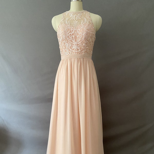 Blush Lace Match Chiffon Bridesmaid Dress, Wedding/Prom/Evening Dress, Floor Length Bridesmaid Dresses