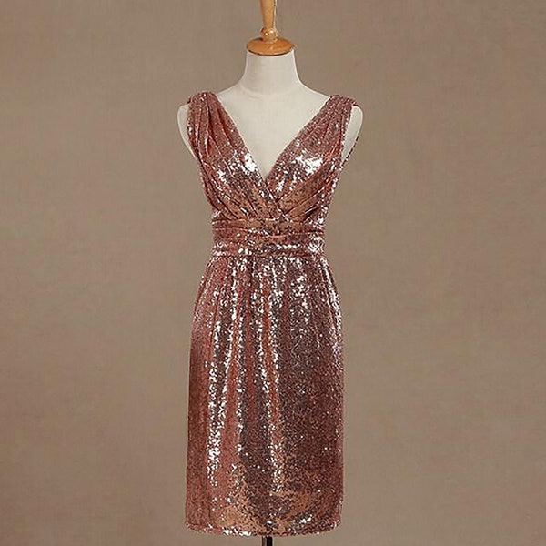 Rose Gold V Neck N Back Sequins Bridesmaid Dress, Sequins Wedding/Prom/Evening Dress, Knee Length Bridesmaid Dresses