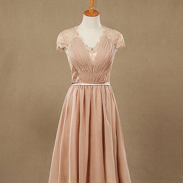 Dusty Blush Lace Match Chiffon Bridesmaid Dress with Buttons,Knee Length Lace Wedding Dress with Sleeves cap,Evening/Party/Formal Dress