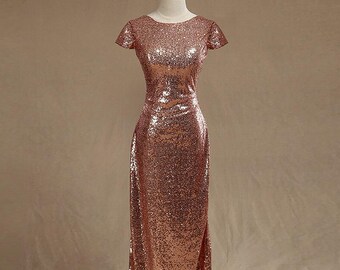 Rose Gold Sequins Open Back Floor Length Bridesmaid Dress, Boat Neck Sequins Wedding/Prom/Evening Dress with Sleeve caps