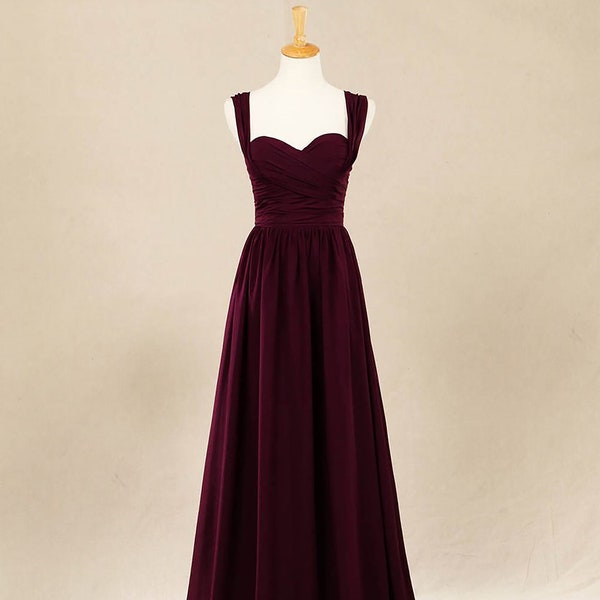 Burgund Träger Chiffon Brautjungfer, A-Linie Einfache Reißverschluss Zurück Lange Hochzeit / Abend / Party / Formelles Kleid mit Rüschen