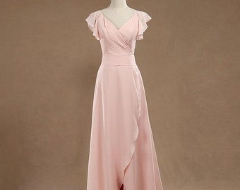 Blush Princess V Neck Chiffon Bridesmaid Dress, A-line Slit Wedding/Prom/Evening/Party Dress with Sleeve caps, Formal Dress