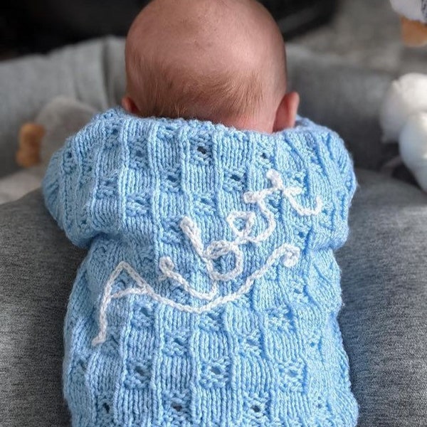 Hand knitted baby cardigan. Wave pattern. Personalisation. Name embroidery. Name cardigan. Newborn 0-3, 3-6, 6-9