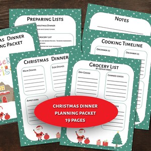 Puede incluir: Un paquete de planificación de cena de Navidad imprimible de 19 páginas. El paquete incluye una lista de comestibles, una línea de tiempo de cocción, notas y una lista de platos principales, guarniciones, aperitivos y postres. Las páginas están decoradas con un patrón de copo de nieve verde y blanco y un Papá Noel de dibujos animados.