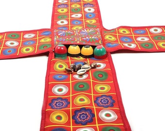 Vintage Indian Chausar Board Game Set, Cloth Pachisi Board, Wooden Pawns, Cowry Shells