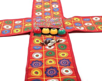 Vintage Indian Chausar Board Game Set, Cloth Pachisi Board, Wooden Pawns, Cowry Shells