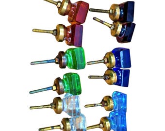 Set of 2 Victorian Cut Glass Square Knobs, Brass Door Handles