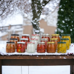 Op de afbeelding: Een verzameling kleine glazen potten gevuld met verschillende rode en gele ingelegde groenten. De potten zijn in twee rijen gerangschikt op een houten oppervlak bedekt met sneeuw.