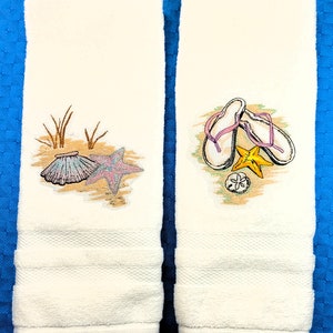 Beach Shells & Flip Flops Embroidered Hand Towels