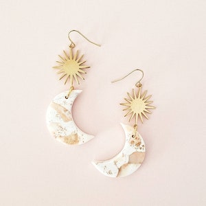 La Luna Cresent Moon Clay Earrings, Faux White Marble and Gold Leaf, Boho Dangles, Minimal Modern Indie Style, Beautiful Gift Idea for Her