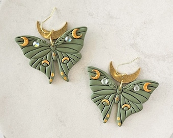 Luna Moth Earrings, Moth Clay Earring Dangles, Handmade Butterfly Boho Jewelry, Witchy Cottagecore Celestial Aesthetic, Nickel Free Gift