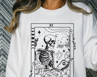 Bookish Tarot Card Skeleton Sweatshirt, Book Reader Witchy Aesthetic Clothing, Librarian Sweater, Womens Crewneck, Celestial Bookworm Gift