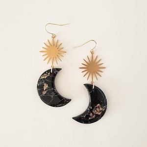 La Luna Cresent Moon Clay Earrings, Faux Black Marble and Gold Leaf, Boho Dangles, Minimal Modern Indie Style, Beautiful Gift Idea for Her