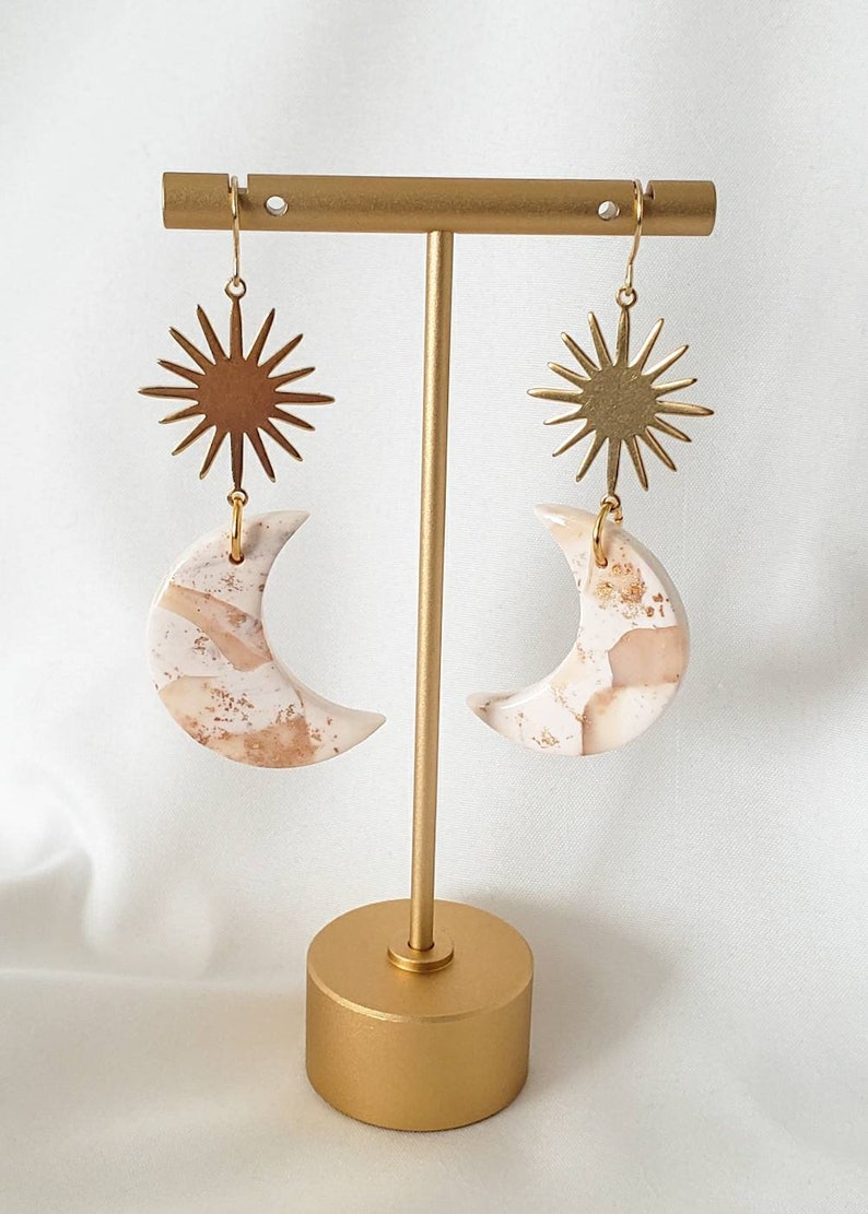 La Luna Cresent Moon Clay Earrings, Faux White Marble and Gold Leaf, Boho Dangles, Minimal Modern Indie Style, Beautiful Gift Idea for Her image 7