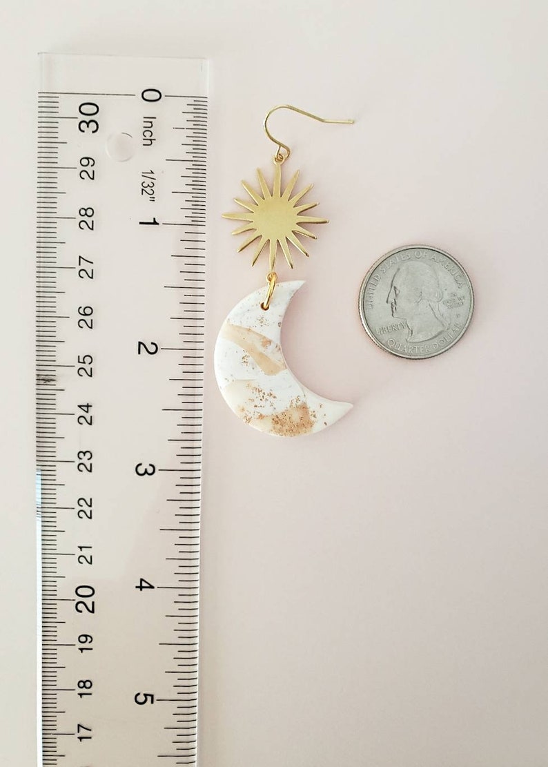 La Luna Cresent Moon Clay Earrings, Faux White Marble and Gold Leaf, Boho Dangles, Minimal Modern Indie Style, Beautiful Gift Idea for Her image 4